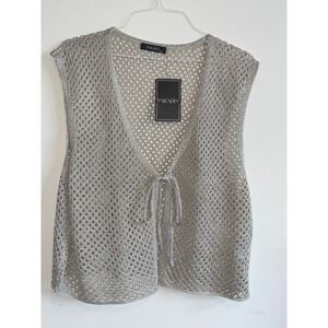 NWT PARADIS Metallic Knit Waistcoat Cream Open Front Tie Waist Vest XXL